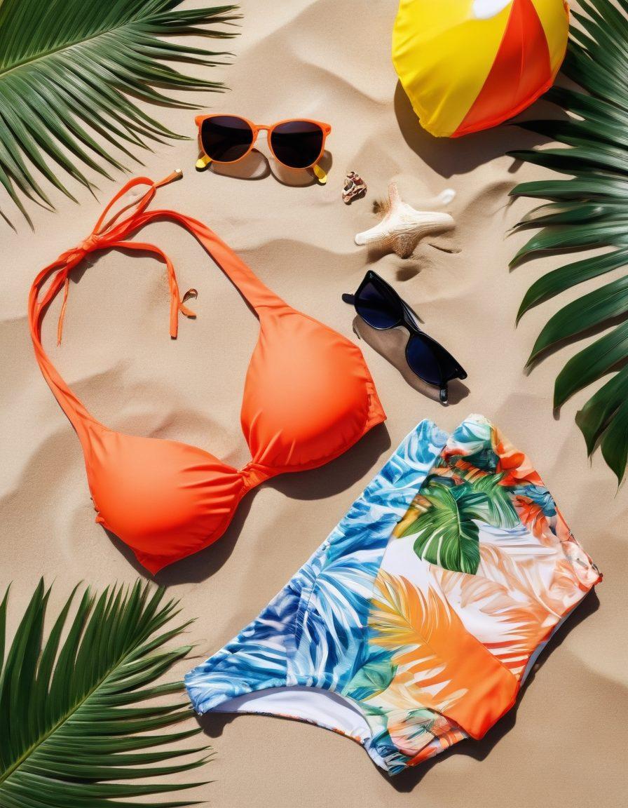 A stylish and colorful flat lay of chic swimwear on a sandy beach background, featuring vibrant bikinis, one-pieces, and beach accessories like sunglasses and flip-flops. Add hints of ocean waves in the background and bright tropical elements like palm leaves and seashells. Capture the essence of vacation vibes and affordability. bright colors. summer aesthetic. vibrant sunlight.