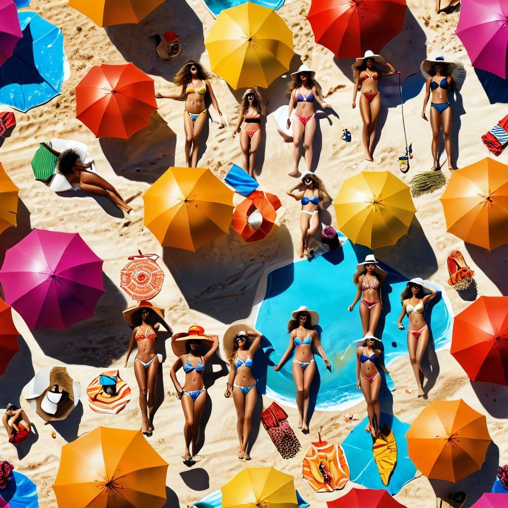 A vibrant beach scene featuring diverse models wearing trendy bikinis and stylish beachwear for summer 2023. Include colorful beach umbrellas, sun hats, and sunglasses, with a backdrop of golden sands and crashing waves. Capture the essence of summer fun and fashionable beach vibes. ultra-realistic. bright colors. sunny atmosphere.
